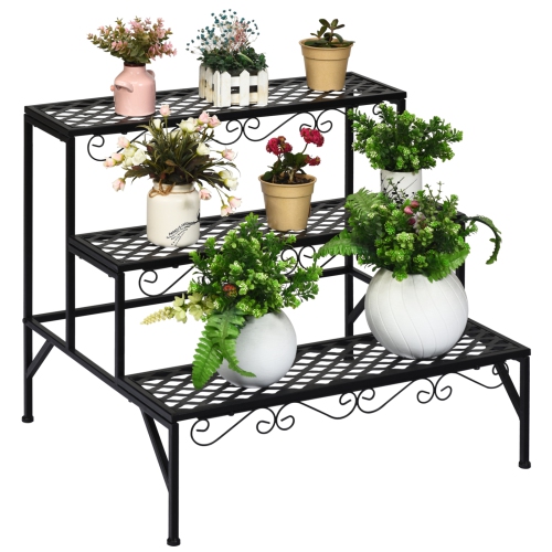 TOPBUY  3-Tier Metal Plant Stand Flower Potted Holder Ladder Storage Rack for Outdoor Indoor Use