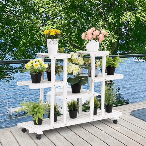 Topbuy 4-Tier Rolling Flower Rack Wood Plant Stand 12 Pots Bonsai Display Shelf