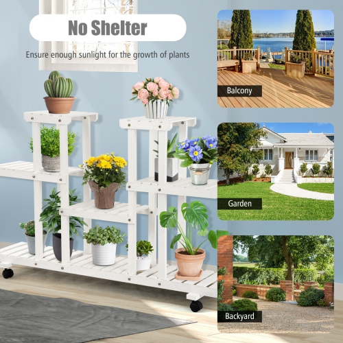 Topbuy 4-Tier Rolling Flower Rack Wood Plant Stand 12 Pots Bonsai Display Shelf