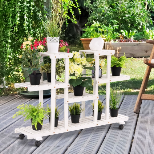 Topbuy 4-Tier Rolling Flower Rack Wood Plant Stand 12 Pots Bonsai Display Shelf