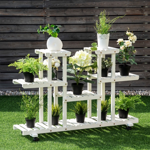 Topbuy 4-Tier Rolling Flower Rack Wood Plant Stand 12 Pots Bonsai Display Shelf