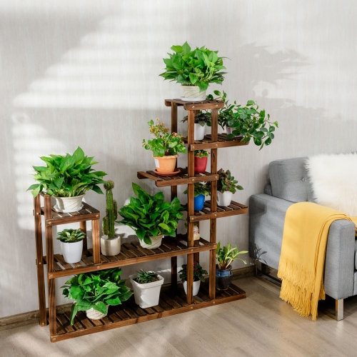 Topbuy 7-Tier Wooden Plant Stand Flower Display Rack with Hollow-Out Storage Shelf