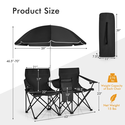 Chaise de pique-nique pliable portative double avec table-parapluie et glacière de Costway pour le camping sur la plage