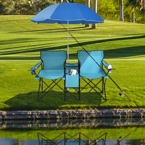 Chaise de pique-nique pliable portative double avec table-parapluie et glacière de Costway pour le camping sur la plage