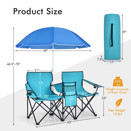 Chaise de pique-nique pliable portative double avec table-parapluie et glacière de Costway pour le camping sur la plage