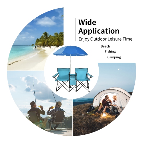 Chaise de pique-nique pliable portative double avec table-parapluie et glacière de Costway pour le camping sur la plage