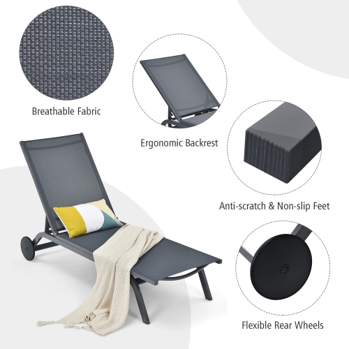 Costway Outdoor Patio Lounge Chair Chaise Reclining Aluminum Fabric Adjustable