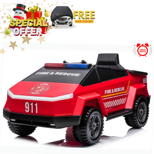 KIDSVIP  Kids Ride On Fire Truck 12V Battery Powered Electric 4X4 Awd Remote Control Car: Rubber Wheels, 1 Leather Seat, Emergency Siren, Music