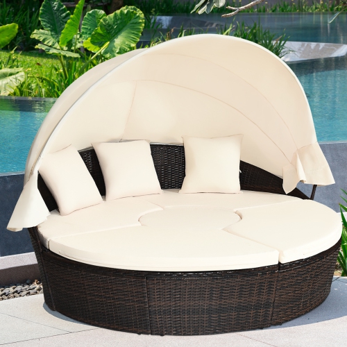 TOPBUY  Outdoor Patio Rattan Daybed Wicker Adjustable Cushioned Sofas