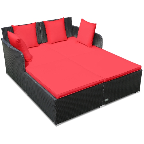 TOPBUY  Patio Rattan Daybed With 4 Pillows Cushioned Sofa for Outdoor Biege/turquoise/red