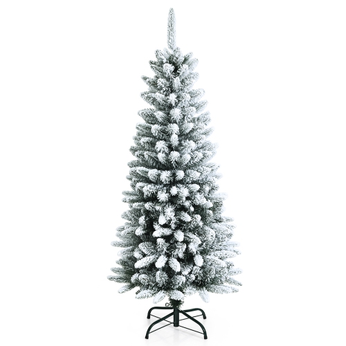 COSTWAY  4.5Ft Snow-Flocked Hinged Artificial Christmas Pencil Tree W/ 373 Mixed Tips