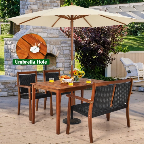 COSTWAY  4PCs Patio Rattan Dining Furniture Set Acacia Wood Frame Chair Loveseat
