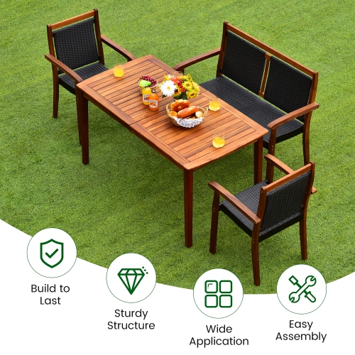 Costway 4PCS Patio Rattan Dining Furniture Set Acacia Wood Frame Chair Loveseat
