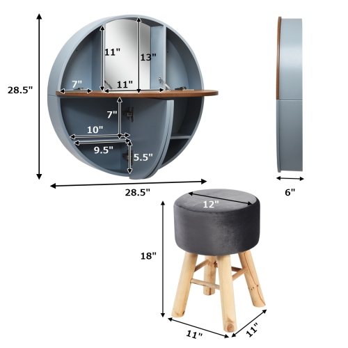 Topbuy Wall-mounted Vanity Table and Stool Set Round Floating Dressing Table &Cushioned Stool Grey