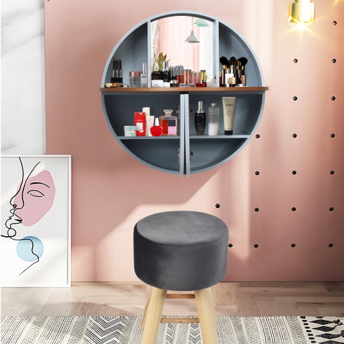 Topbuy Wall-mounted Vanity Table and Stool Set Round Floating Dressing Table &Cushioned Stool Grey