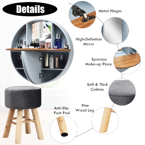 Topbuy Wall-mounted Vanity Table and Stool Set Round Floating Dressing Table &Cushioned Stool Grey