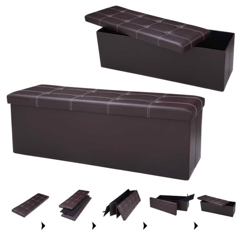 TopBuy – Tabouret de rangement pliant rembourré pouf/repose-pieds en similicuir, brun, boîte de rangement