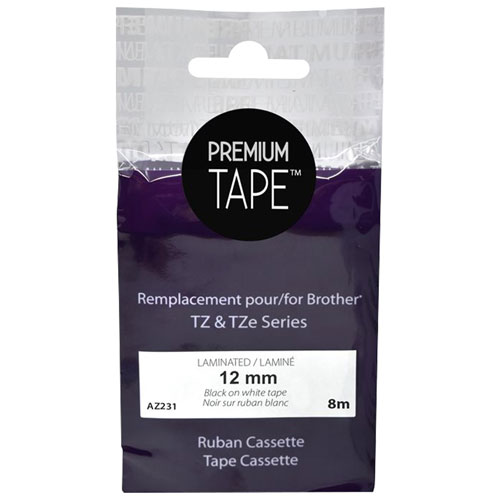 Premium Tone Laminated 12mm Black on White Tape Cassette for Brother TZ & TZe Series