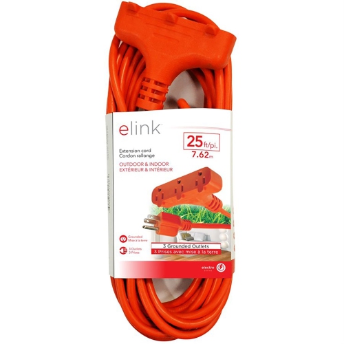 Elink - Rallonge Électrique Extérieure à 3 Prises, Longeur de 25 Pieds, Orange