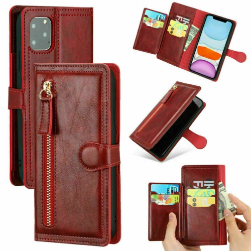 PIERO Leather Zipper Wallet Case Flip Card Holder Stand Phone Cover Premium Leather Flip Cover for iPhone 13 PRO MAX -Wine Red