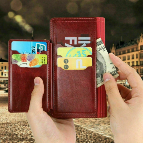 PIERO Leather Zipper Wallet Case Flip Card Holder Stand Phone Cover Premium Leather Flip Cover for iPhone 13 PRO MAX -Wine Red