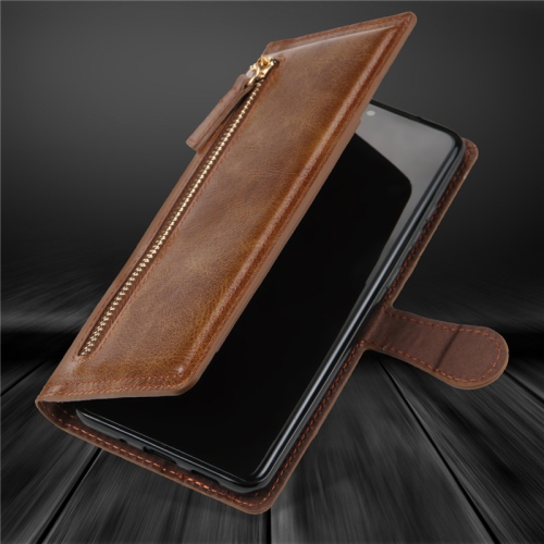 PIERO – Étui portefeuille à fermeture à glissière avec porte-carte à rabat en cuir de qualité supérieure pour Galaxy S21 de Samsung – Brun