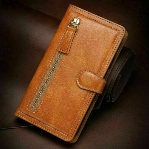 PIERO  Leather Zipper Wallet Case Flip Card Holder Stand Phone Cover Premium Leather Flip Cover for Iphone 13 Pro Max -Orange