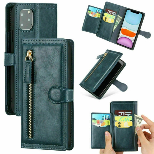 PIERO Leather Zipper Wallet Case Flip Card Holder Stand Phone Cover Premium Leather Flip Cover for iPhone 13 -Cyan