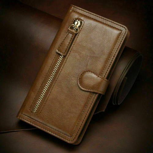 PIERO  Leather Zipper Wallet Case Flip Card Holder Stand Phone Cover Premium Leather Flip Cover for Iphone 13 Pro Max -Brown