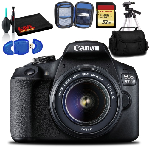 Canon EOS 2000D DSLR Camera with EF-S 18-55 mm f/3.5-5.6 III Lens (Intl Model) with 32GB Memory, Padded Case, and More
