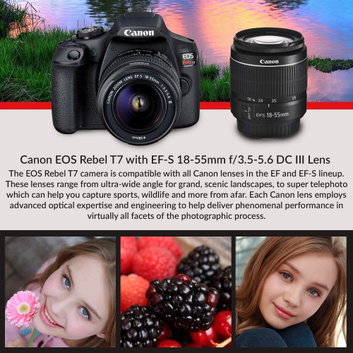 Canon EOS Rebel T7 DSLR Camera with 18-55mm Lens Starter Bundle + Includes: EOS Bag + Sandisk Ultra 64GB Card + Clean and Care Kit + More