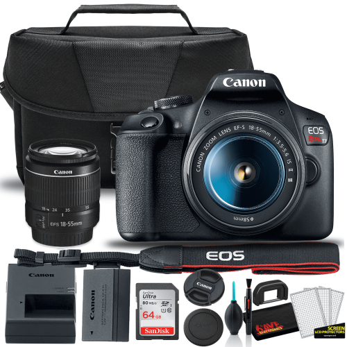 Canon EOS Rebel T7 DSLR Camera with 18-55mm Lens Starter Bundle + Includes: EOS Bag + Sandisk Ultra 64GB Card + Clean and Care Kit + More