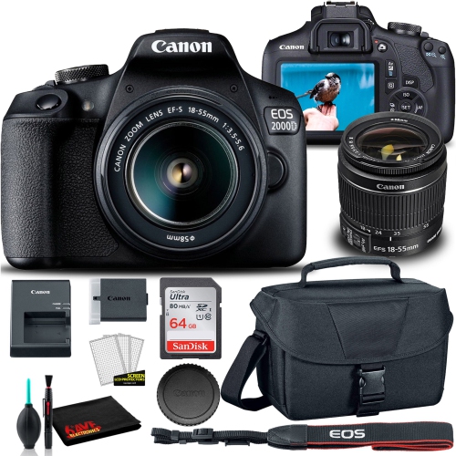 Canon EOS 2000D DSLR Camera with 18-55mm Lens, EOS Bag, Sandisk Ultra 64GB Card and More Bundle
