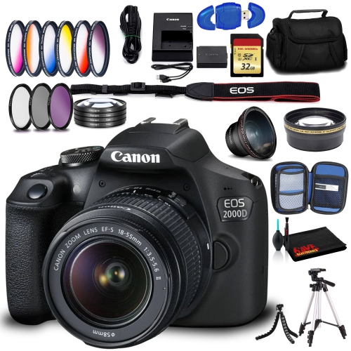 CANON  Eos 2000D Dslr With Ef-S 18-55MM F/3.5-5.6 Is Ii Lens (Intl Model) With Memory Kit, Case, Tripods And Filters