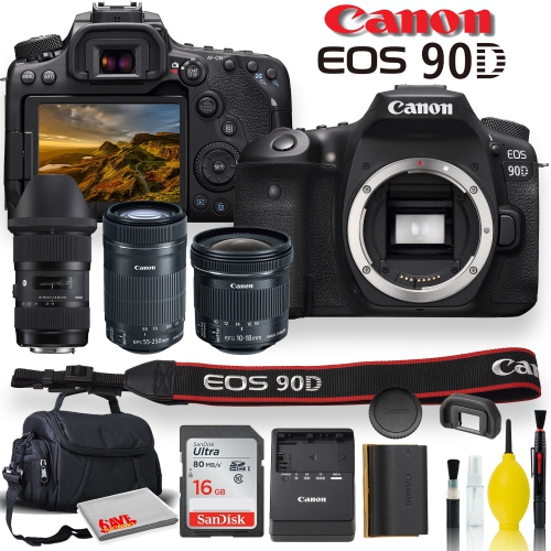 CANON  Eos 90D Dslr Camera With Sigma 18-35Mm, Ef-S 55-250Mm, Ef-S 10-18Mm, Soft Padded Case, Memory Card, And More - Triple Lens Set