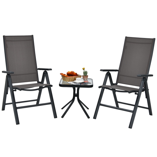 TOPBUY  3PCs Patio Bistro Set Outdoor Dining Furniture Set W/2 Folding Chairs & Tempered Glass Table
