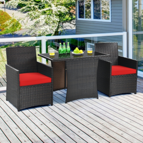 Patiojoy 3PCS Patio Rattan Dining Set Space-Saving Furniture Set with Tempered Glass Top Table and Cushioned Chairs
