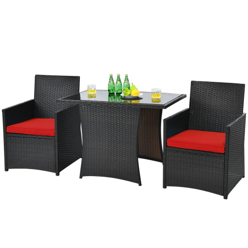 Patiojoy 3PCS Patio Rattan Dining Set Space-Saving Furniture Set with Tempered Glass Top Table and Cushioned Chairs