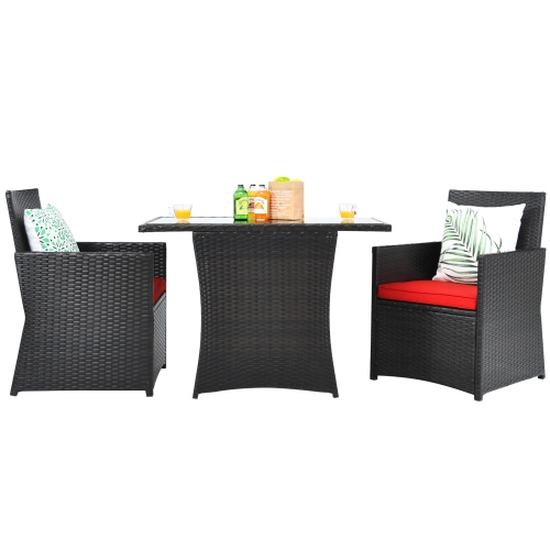 Patiojoy 3PCS Patio Rattan Dining Set Space-Saving Furniture Set with Tempered Glass Top Table and Cushioned Chairs