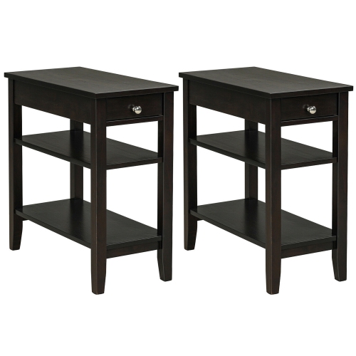 GYMAX  2PCs 3-Tier End Table Sofa Side Table Nightstand W/ Shelf & Drawer