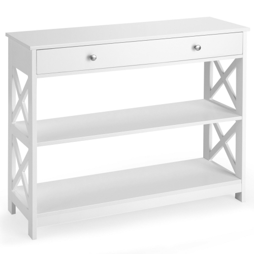 Gymax 3-Tier Console Table X-Design Sofa Entryway Table with Drawer & Shelves White