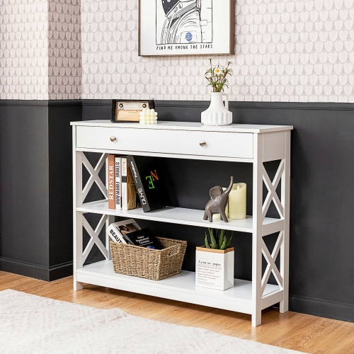 Gymax 3-Tier Console Table X-Design Sofa Entryway Table with Drawer & Shelves White