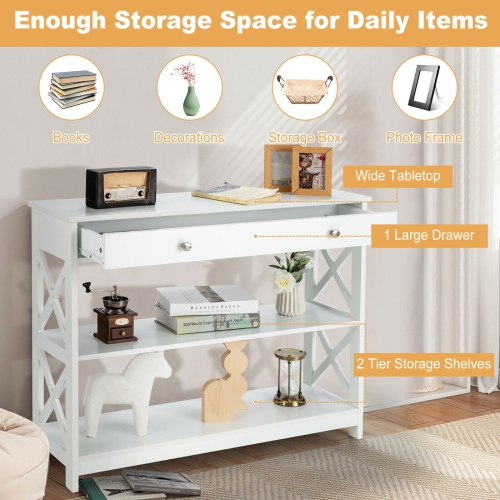 Gymax 3-Tier Console Table X-Design Sofa Entryway Table with Drawer & Shelves White