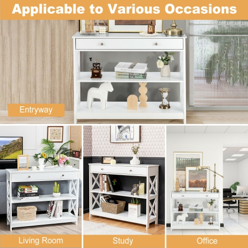 Gymax 3-Tier Console Table X-Design Sofa Entryway Table with Drawer & Shelves White