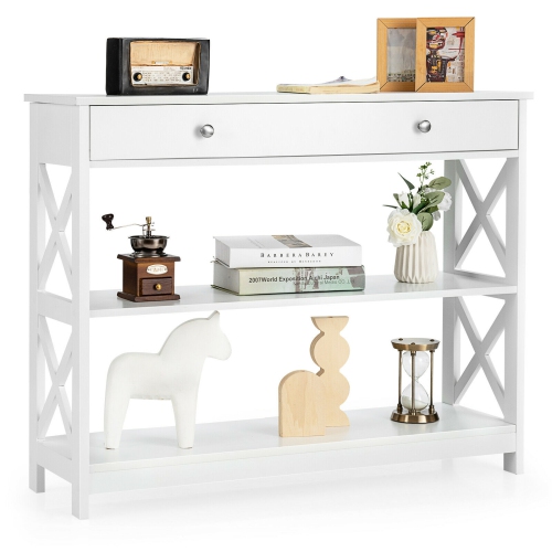 Gymax 3-Tier Console Table X-Design Sofa Entryway Table with Drawer & Shelves White