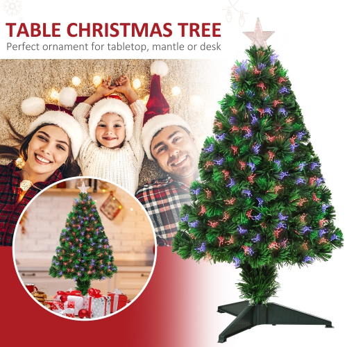 HOMCOM 2.5FT Prelit Artificial Tabletop Christmas Tree with Fiber Optics Holiday Home Xmas Decoration for Table and Desk Green