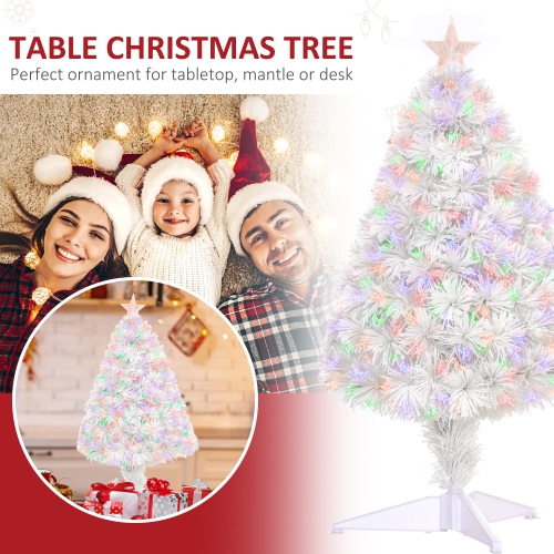 HOMCOM 2.5FT Prelit Artificial Tabletop Christmas Tree with Fiber Optics Holiday Home Xmas Decoration for Table and Desk White
