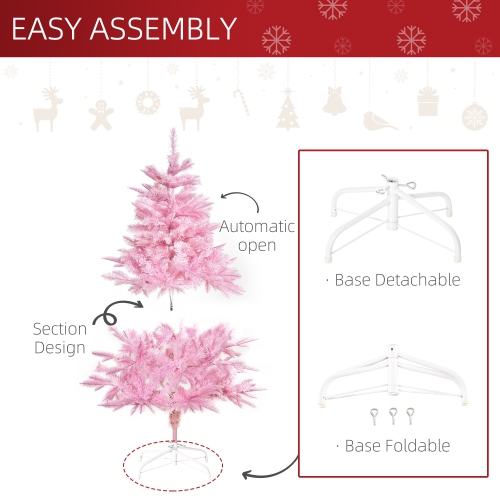 HOMCOM 4FT Artificial Christmas Tree Holiday Xmas Tree Decoration with Automatic Open for Home Party, Pink