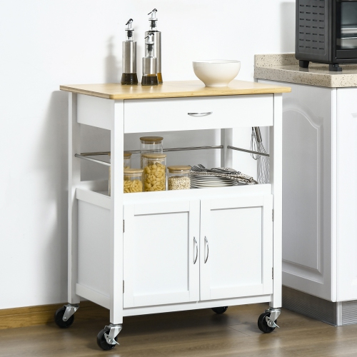 HOMCOM Kitchen Cart, Utility Trolley, Small Kitchen Island with Storage Drawer & Side Hooks for Dining Room, White