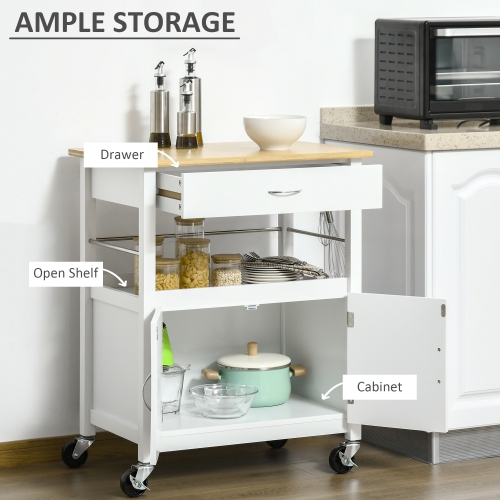 HOMCOM Kitchen Cart, Utility Trolley, Small Kitchen Island with Storage Drawer & Side Hooks for Dining Room, White